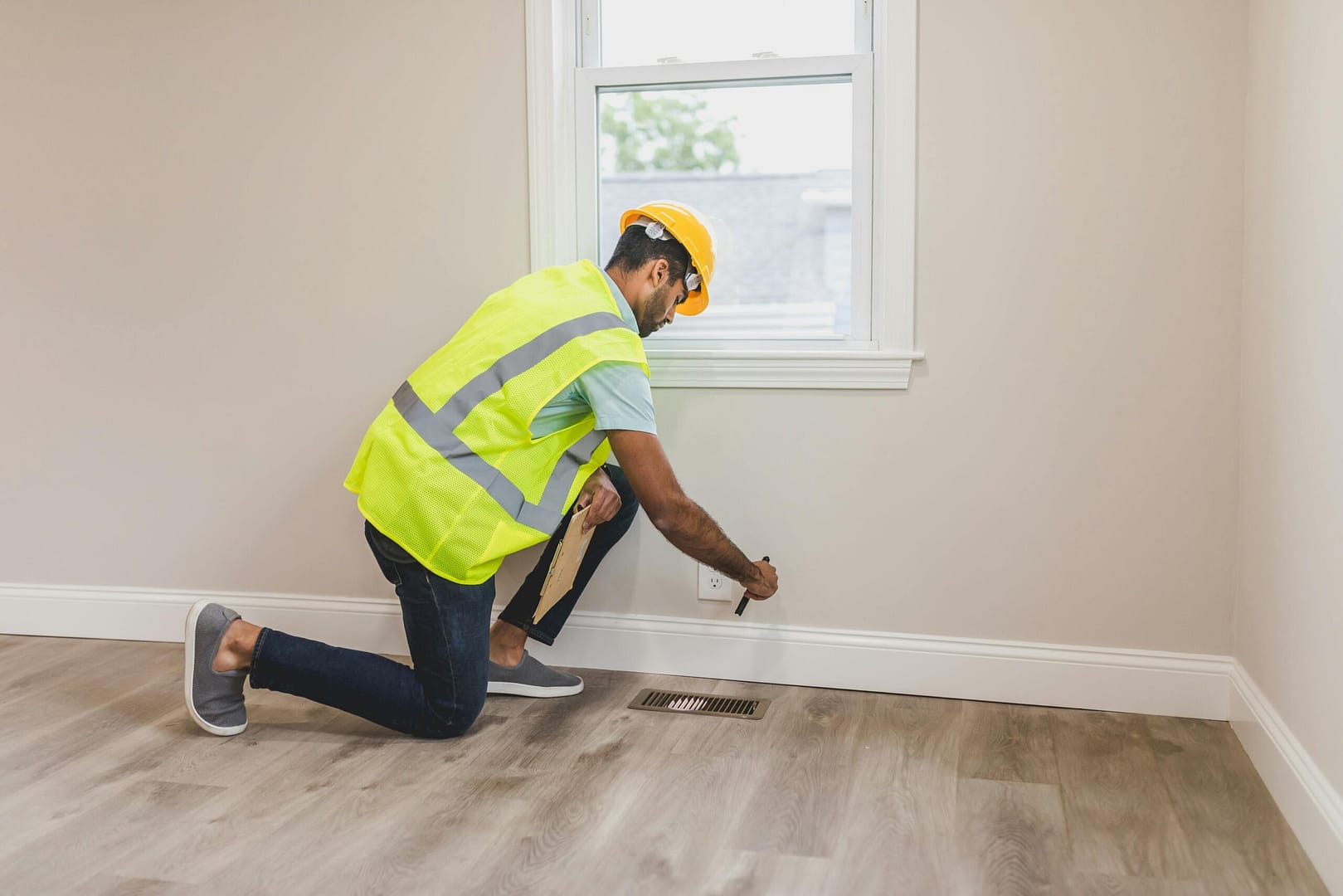 Worker in safety gear inspecting a room's corner for renovation or improvement.